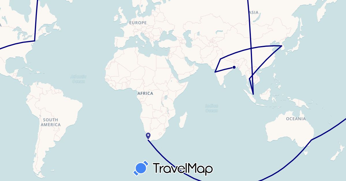 TravelMap itinerary: driving in Australia, India, South Korea, Singapore, Thailand, United States, South Africa (Africa, Asia, North America, Oceania)